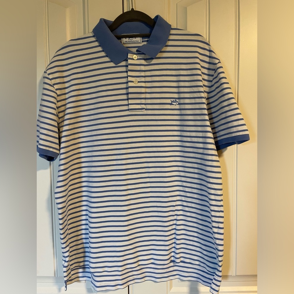 Southern Tide Blue and White Striped Polo Medium